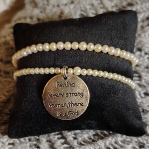 Behind Every Strong Woman There is a God Glass Pearl Charm Bracelet Set